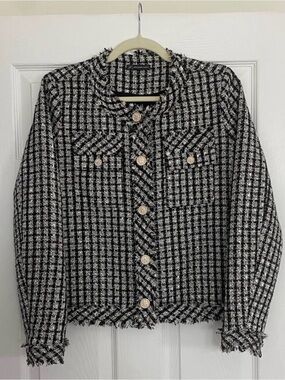 Adrianna Papell Black & White Tweed Blazer with Gold Buttons